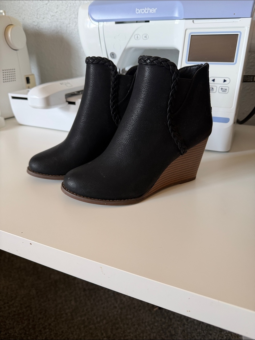 Maurices Black Braided Trim Wedge Ankle Boots